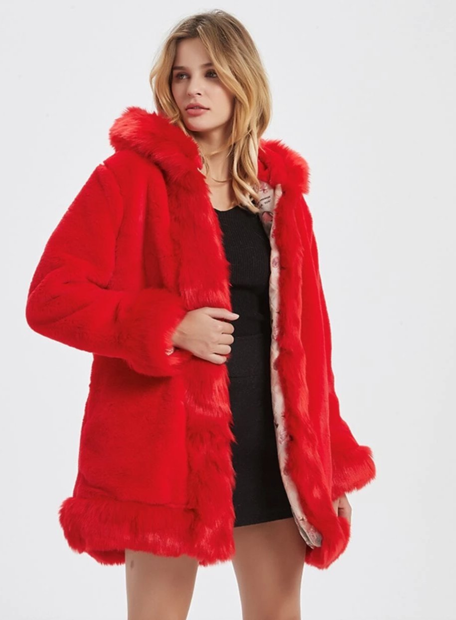 Womens Hooded Faux Fur Collar Coat